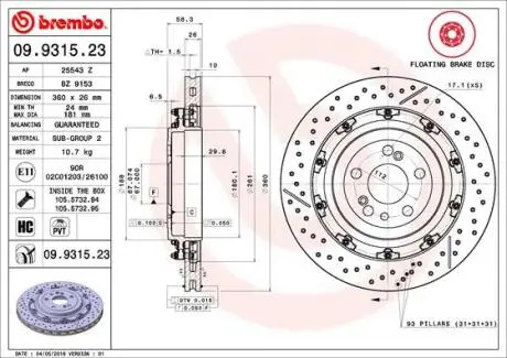 Диск тормозной SL R230 65 AMG /perforowana,2-elementowa/ BREMBO 09931523