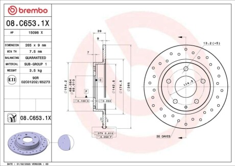 Диск гальмівний (задній) Mazda 3 13-/CX-3 15- (265x9) PRO BREMBO 08C6531X (фото 1)