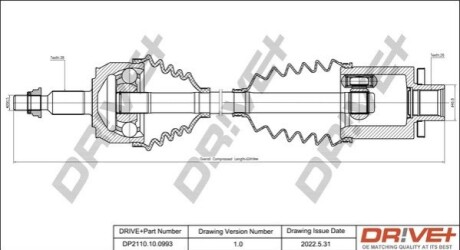 Полуось (передняя) VW T5 1.9TDI-2.5TDI 03- (L) (38x26x613) DR!VE+ DP2110100993