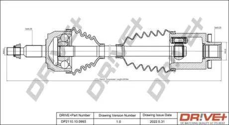 Піввісь (передня) VW T5 1.9TDI-2.5TDI 03- (L) (38x26x613) DR!VE+ DP2110100993