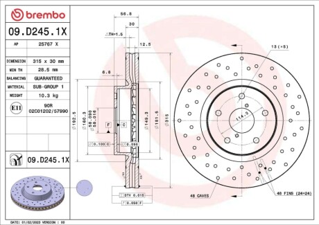 Диск тормозной (передний) Subaru Outback 14- (315.5x30) BREMBO 09D2451X (фото 1)