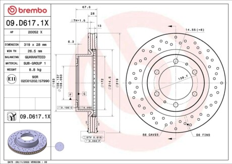 Диск тормозной (передний) Toyota Hilux 06- (319x28) PRO BREMBO 09D6171X