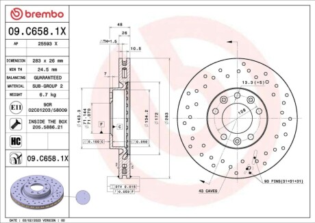 Диск тормозной (передний) Peugeot 308 13- (283x26) PRO BREMBO 09C6581X