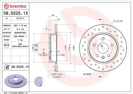 Диск тормозной (задний) Opel Astra K 15- (264x10) BREMBO 08D2251X