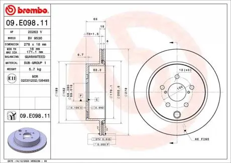 Диск тормозной задний BREMBO 09E09811 (фото 1)