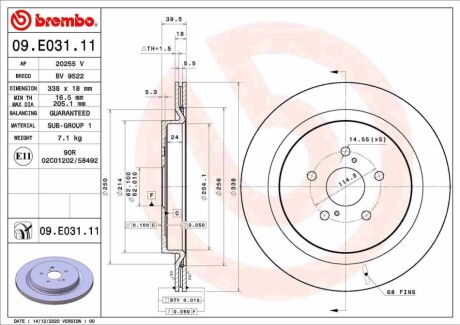 Диск гальмівний зад. Lexus RX 2.0/3.5/3.5H 10.15- BREMBO 09E03111 (фото 1)