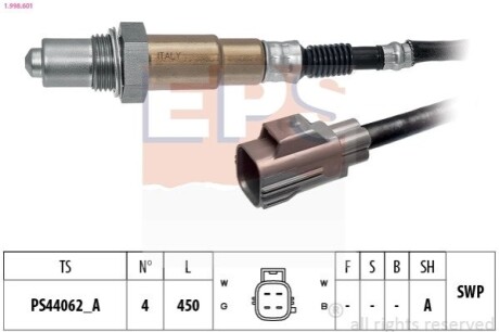 Лямбда-зонд (4-х конт) L 450mm Land Rover Discovery 5.0 4x4 09-18/Freelander 3.2 06-14/Range Rover 05-13 /Volvo S40/S60/S80/XC60 2.5/3.2 EPS 1.998.601 (фото 1)