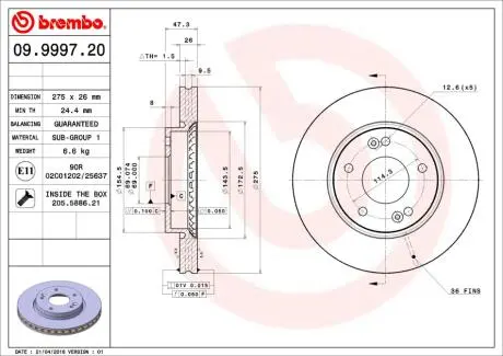 Tarcza ham. HYUNDAI ELANTRA III Saloon (XD) 03/00-09/06 / HYUNDAI ELANTR BREMBO 09999720