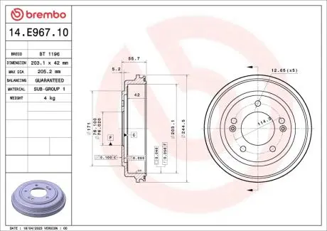 Bęben ham. HYUNDAI ATOS (MX) 01/97-> / HYUNDAI ELANTRA IV Saloon (HD) 1 BREMBO 14E96710