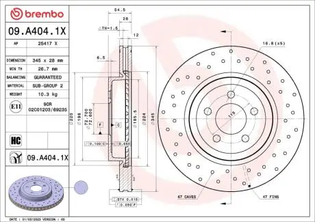 Tarcza ham.Xtra CHRYSLER (BBDC) 300C 10/06-01/12 / CHRYSLER 300C (LX) 09/10- BREMBO 09A4041X