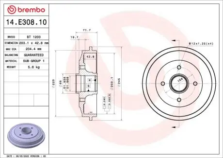 Bęben ham. CITROËN C2 (JM_) 07/03-09/17 / CITROËN C2 ENTERPRISE (JG_) 1 BREMBO 14E30810