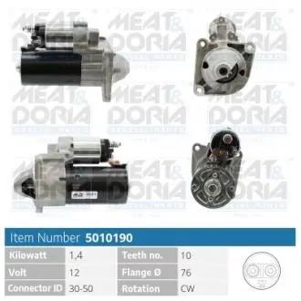 MEATDORIA JEEP Стартер DODGE JOURNEY 2.0 CRD 08-, FIAT DOBLO Cargo (263_) 1.6 D Multijet 10-, LANCIADELTA III 1.6 D Multijet 11-14, SUZUKI SX4 (EY, GY) 2.0 DDiS 09- MEAT&DORIA 5010190