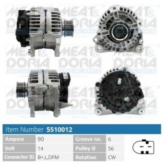 MEATDORIA VW Генератор 14V 90A Audi A3, Golf IV, Caddy III, Skoda Fabia I, Octavia I,II MEAT&DORIA 5510012 (фото 1)