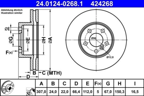 Диск гальмівний (передній) BMW 2 (G42)/3 (G20/G80)/4 (G26/G23/G83) 20- (307x24) ATE 24.0124-0268.1