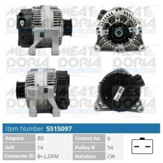 MEATDORIA CITROEN Генератор BERLINGO MULTISPACE (B9) 1.6 08-, PEUGEOT 206 SW (2E/K) 1.4 02-07, FIAT SCUDO (220_) 1.9 D 98-06 MEAT&DORIA 5515097