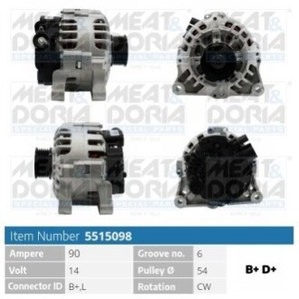 MEATDORIA CITROEN Генератор BERLINGO / BERLINGO FIRST 2.0 HDI 90 99-05, FIAT DUCATO 2.8 JTD 01-, LANCIA ZETA 2.0 16V 00-02 MEAT&DORIA 5515098