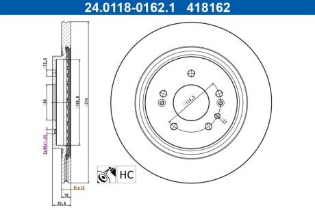 Диск гальмівний (задній) Hyundai Santa Fe 18-20 (314x18) (вентил.) (з покриттям) ATE 24011801621