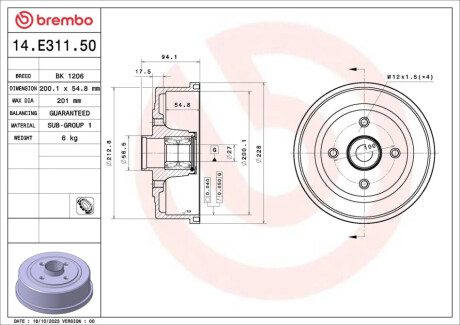 Bęben ham. z łożyskiem CORSA C (X01) 09/00-12/09 /CORSA C Hatchback Van (X01) 09/00 BREMBO 14E31150