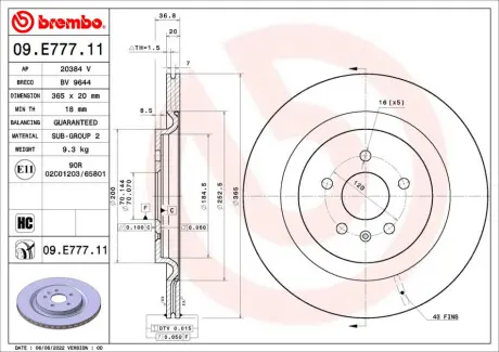 Tarcza ham. tył NIO EC6 07/20-> / NIO ES8 12/22-> / NIO ET7 01/21-> BREMBO 09E77711