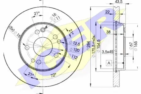 Диск гальмівний (передній) MB E-class (W124/S124/C124) 93-98/MB 190 82-93 (284x22) (з покр.)(вентил.) ICER 78BD7200-2