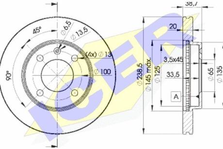 Диск гальмівний (передній) VW Golf 76-99/Passat 81-88/Polo 95-01/Seat Ibiza 93-(239x20)(з покр)(вент) ICER 78BD3975-2