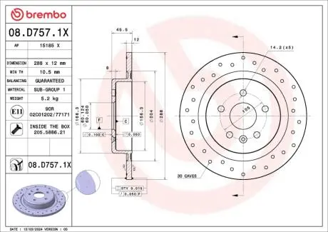 TARCZA HAM TYL 288X12 P XTRA BREMBO 08D7571X