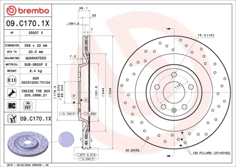 Фото гальмівний диск BREMBO 09.C170.1X ГАЛЬМІВНИЙ ДИСК BREMBO 09.C170.1X