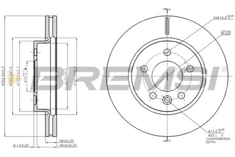 Гальмівний диск пер. Amarok (16-21) BREMSI CD8017V