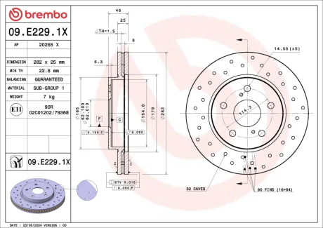 Фото tarcza ham przod 282x25 v xtra BREMBO 09E2291X TARCZA HAM PRZOD 282X25 V XTRA BREMBO 09E2291X