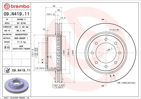 Tarcza ham. NISSAN NV 2500 Standard Cargo Van 09/11-> BREMBO 09N41911