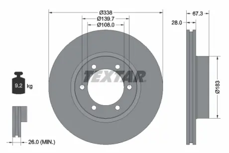 Диск гальмівний передн Лів/Прав (без маточини) LEXUS GX TOYOTA FORTUNER, HILUX VI, HILUX VII, LAND CRUISER 90, LAND CRUISER PRADO 2.4-4.6 08.97- TEXTAR 92137300 (фото 1)