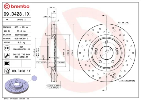 Tarcza ham. XTRA i30 (PDE, PD, PDEN) 11/16-> ix35 KONA TUCSON CEED (CD) 03/1 BREMBO 09D4281X