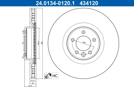 Диск гальмівний (передній) Land Rover Range Rover 09- (380x34) (вент.) ATE 24.0134-0120.1