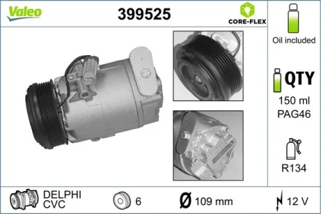Компресор кондиціонера OPEL ASTRA G, ASTRA G/KOMBI, ZAFIRA A 2.0D/2.2D 02.98-10.05 Valeo 399525
