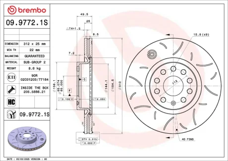 TARCZA HAM PRZOD 312X25 V XTRA SPORT BREMBO 0997721S