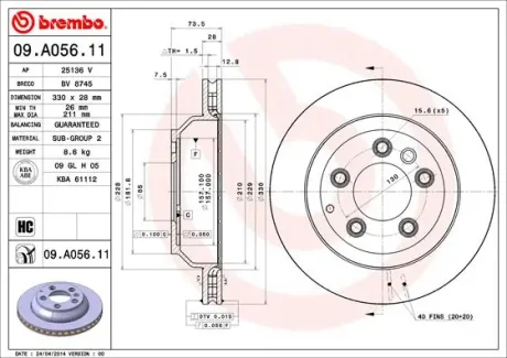 Диск гальмівний задн Лів/Прав AUDI Q7, PORSCHE CAYENNE, VW TOUAREG 2.5D-6.0D 05.02-12.18 BREMBO 09A05611 (фото 1)