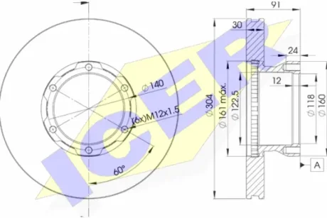 Диск гальмівний (передній) MB 609/Vario 512 16" (304х30) (вентильований) ICER 78BD4240-1
