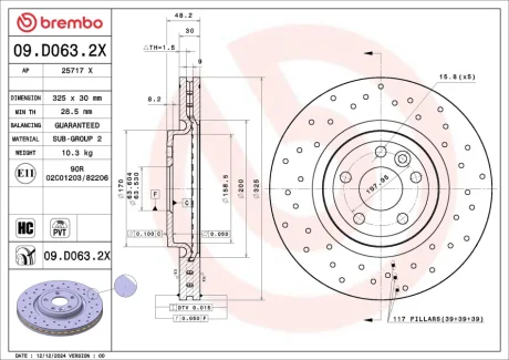 Гальмівний диск XTRA JAGUAR F-PACE (X761) 09/15-> / LAND ROVER RANGE ROVER VELAR BREMBO 09D0632X